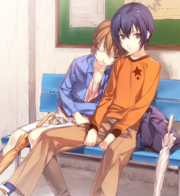 1girl, androgynous, bad_id, bag, bench, blue_hair, brown_eyes, brown_hair, closed_eyes, cool_girl, couple, ginka_sima, mako-chan_(minami-ke), makoto_(minami-ke), minami-ke, minami_touma, reverse_trap, sitting, sleeping, star, trap, umbrella