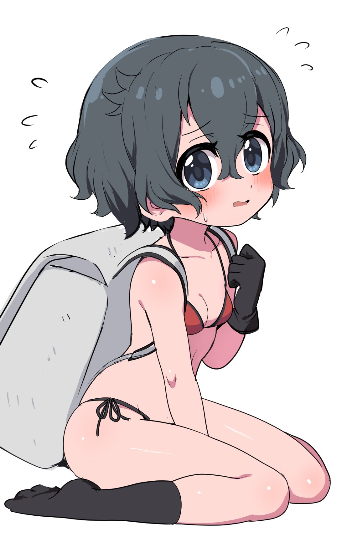 1girl, adapted_costume, backpack, bag, bangs, bare_arms, bare_shoulders, between_legs