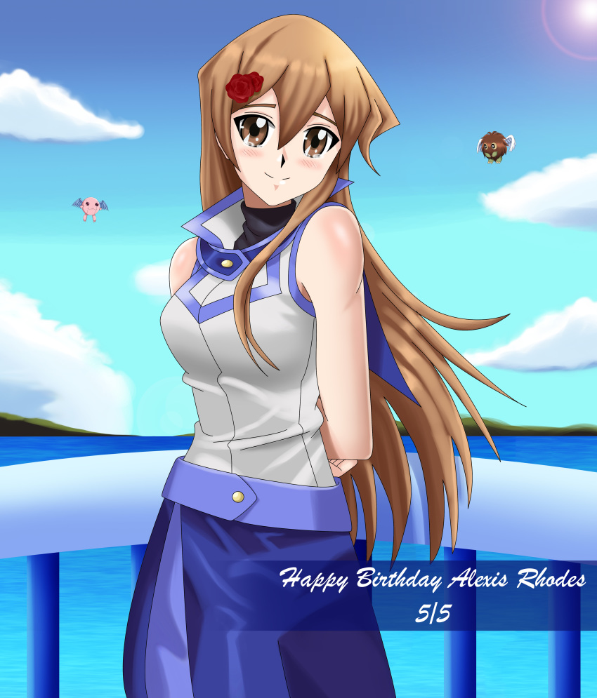 1girl, arms_behind_back, balcony, blonde_hair, blue_skirt, blush, brown_eyes, buttons