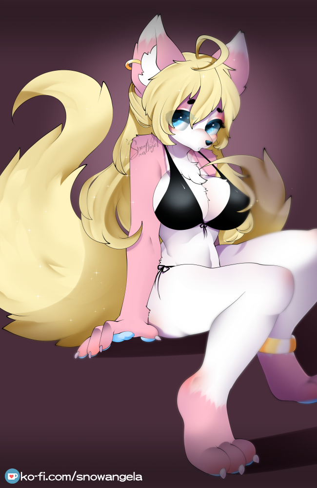 1girl, ahoge, animal_ears, bikini, black_bikini, blonde_hair, blue_eyes, blush