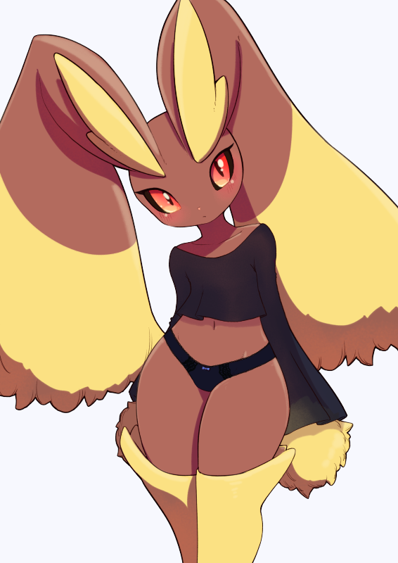 1girl, black_sclera, blush, brown_fur, collarbone, commentary, cowboy_shot, gen_4_pokemon, head_tilt, konbudou, long_sleeves, looking_at_viewer, lopunny, navel, no_pants, orange_eyes, panties, pointy_ears, pokemon, simple_background, slit_pupils, solo, standing, underwear, white_background, wide_sleeves