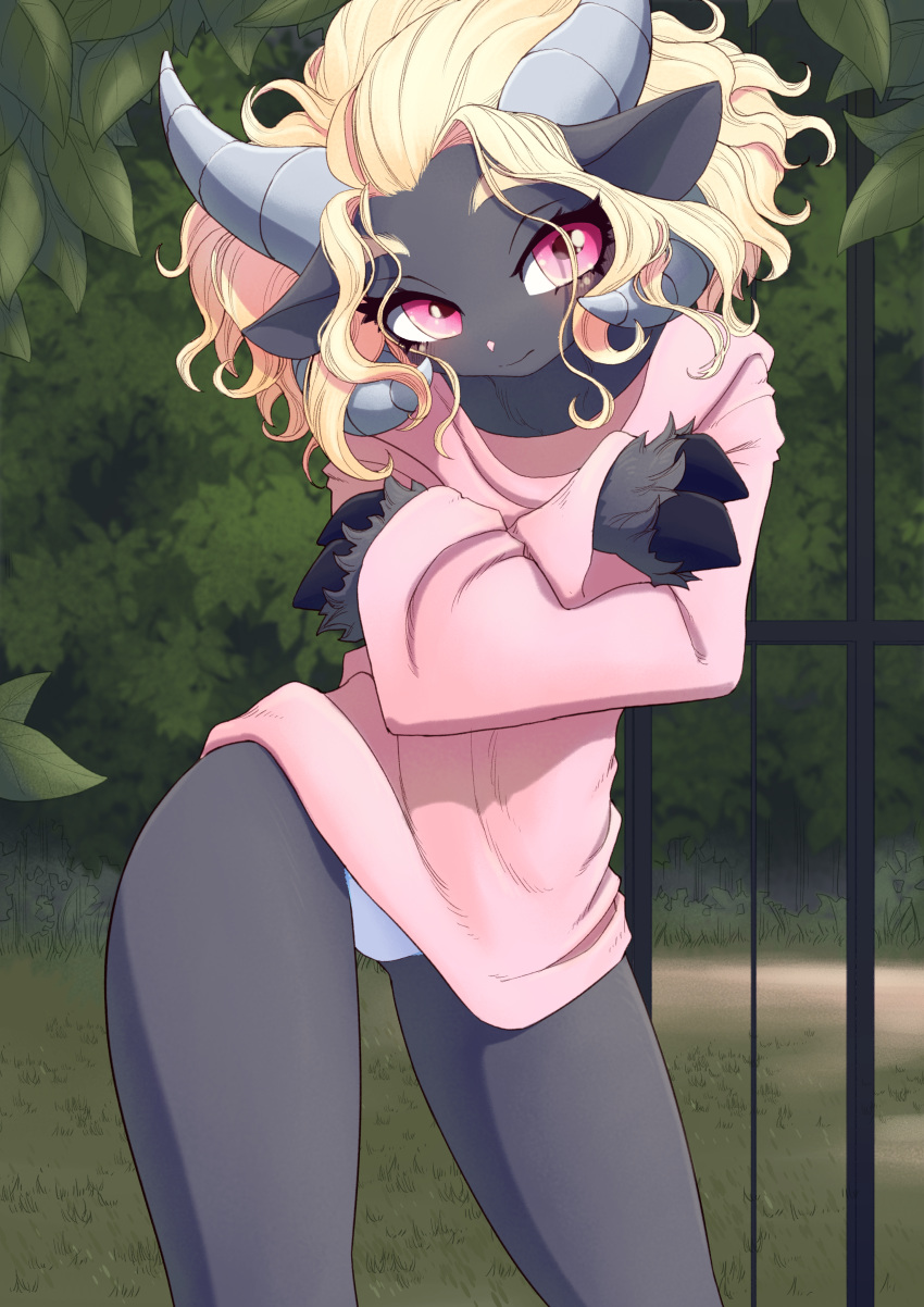 1girl, absurdres, animal_ears, black_fur, blonde_hair, cowboy_shot, english_commentary, furry