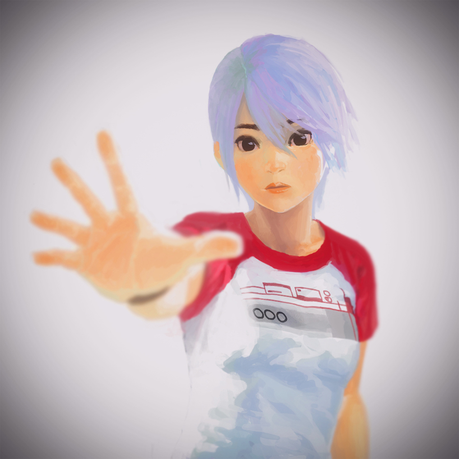 1girl, another_code, ashley_mizuki_robbins, black_eyes, closed_mouth, kyamerontaisa, looking_at_viewer, raglan_sleeves, short_hair, simple_background, solo, white_hair