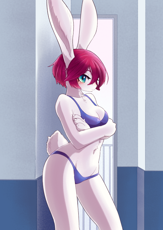 1girl, animal_ears, blue_eyes, blush, breasts, bunny_girl, bunny_tail, cowboy_shot