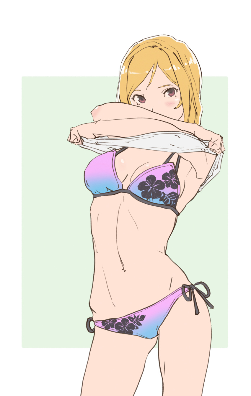 1girl, absurdres, bikini, blonde_hair, blush, breasts, brown_eyes, highres, idolmaster, idolmaster_million_live!, long_hair, looking_at_viewer, momose_rio, ooe_yamaken, side-tie_bikini, solo, swimsuit, undressing