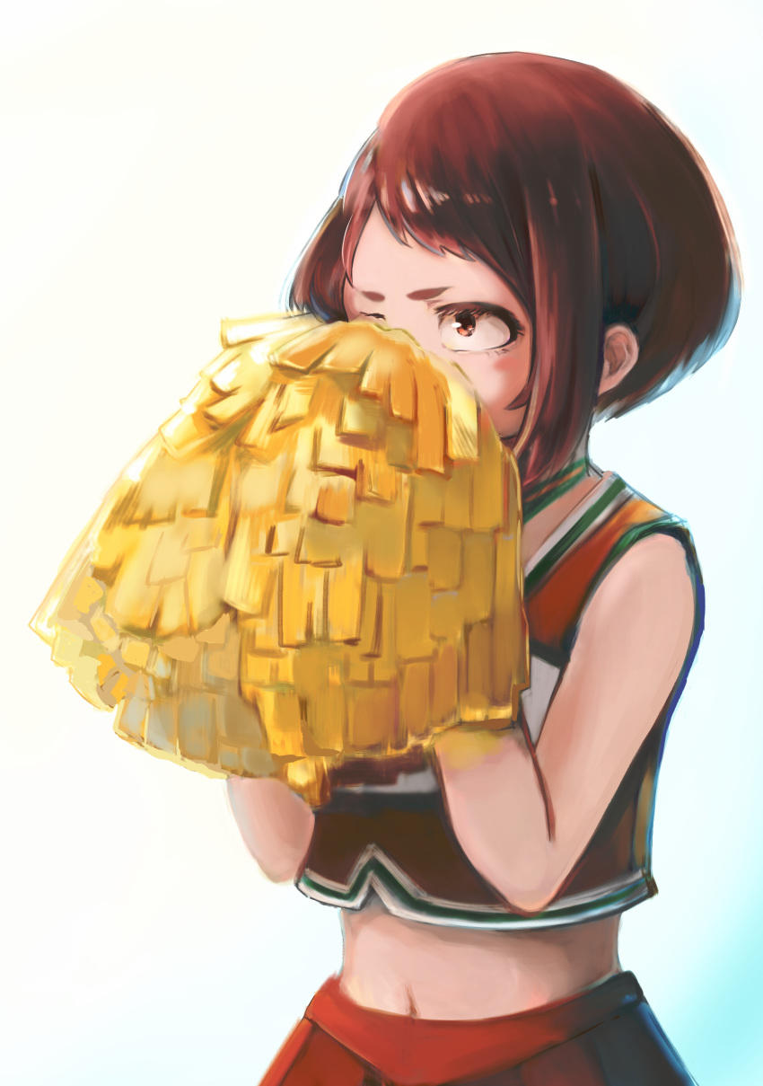 1girl, absurdres, boku_no_hero_academia, brown_eyes, brown_hair, cheerleader, covering_face, furrowed_eyebrows