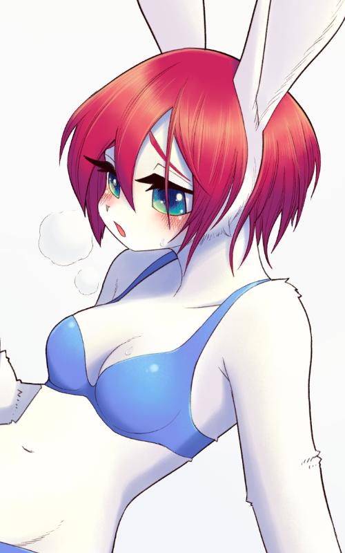 1girl, animal_ears, blue_bra, blue_panties, bra, breasts, bunny_girl, english_commentary