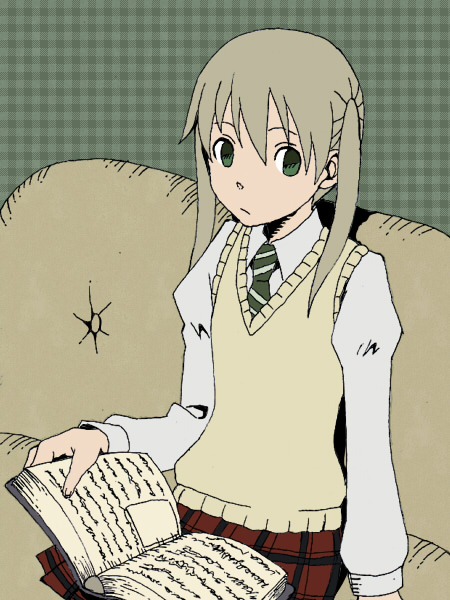 1girl, ballpoint_pen_(medium), book, closed_mouth, green_eyes, kikutake_ranmaru, maka_albarn, medium_hair