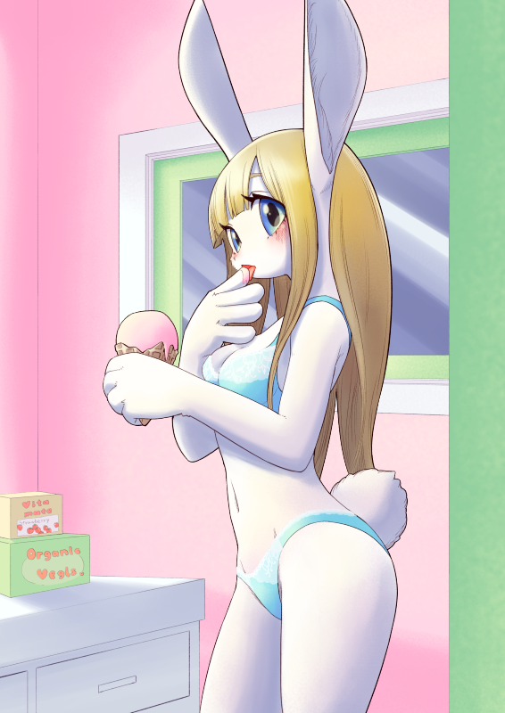 1girl, animal_ears, blue_bra, blue_eyes, blue_panties, bra, bunny_girl, bunny_tail