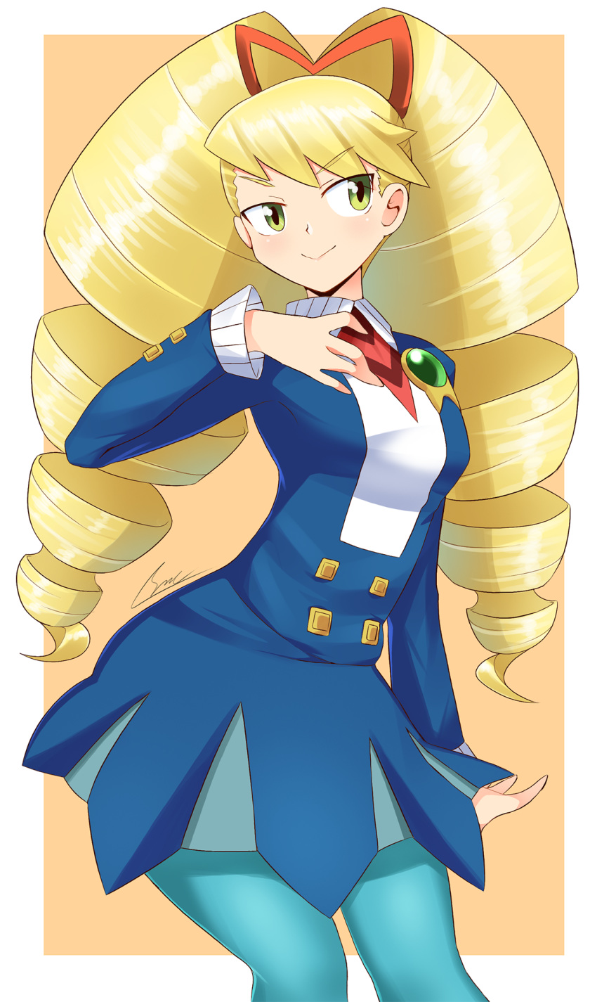 1girl, big_hair, blonde_hair, blue_legwear, blush, breasts, closed_mouth, drill_hair