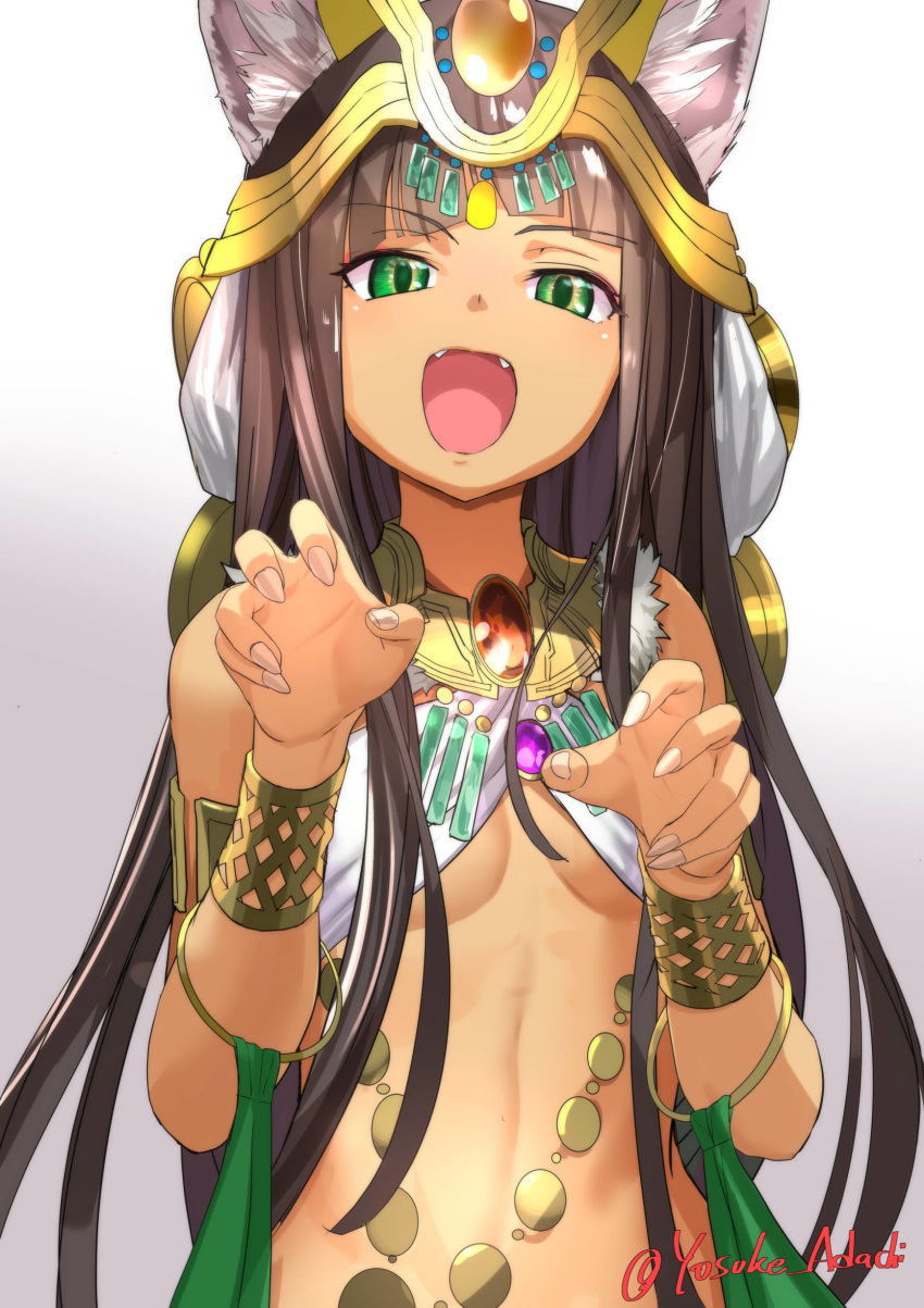 1girl, absurdres, adachi_yousuke, animal_ears, bastet_(p&amp;d), brown_hair, cat_ears, claw_pose
