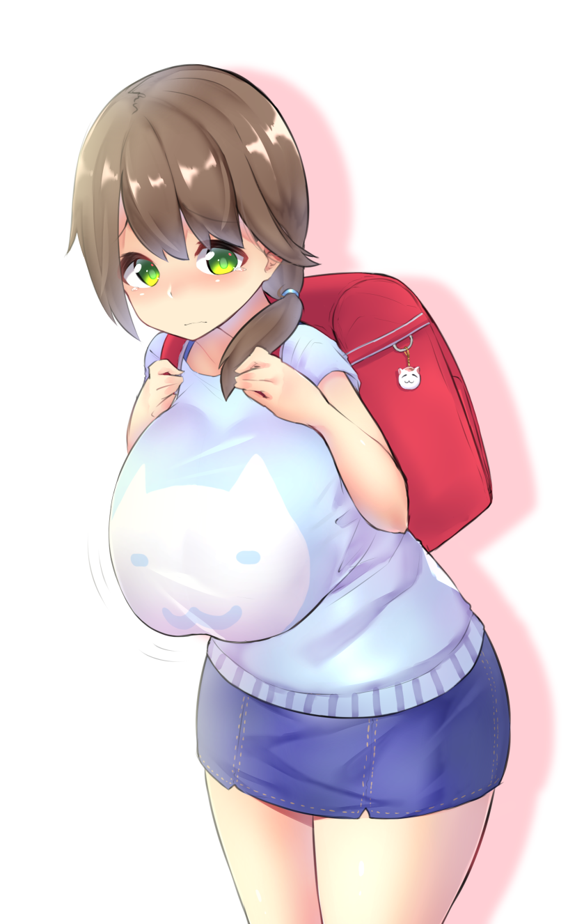 1girl, backpack, bag, bangs, blush, bouncing_breasts, breasts, brown_hair