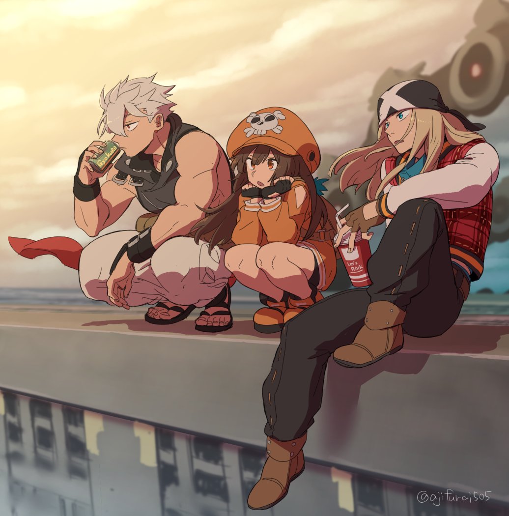1girl, 2boys, asaya_minoru, axl_low, backpack, bag, bandana, bare_shoulders, bendy_straw, black_footwear, black_pants, black_shorts, blue_eyes, blue_shirt, blurry, blurry_background, boots, brown_eyes, brown_footwear, brown_hair, cabbie_hat, can, chipp_zanuff, closed_mouth, clouds, cloudy_sky, cup, day, depth_of_field, disposable_cup, drinking_straw, floating_hair, grey_hair, grey_shirt, guilty_gear, guilty_gear_strive, hat, holding, holding_can, holding_cup, hood, hoodie, jacket, knee_up, light_brown_hair, looking_away, may_(guilty_gear), multiple_boys, open_clothes, open_jacket, orange_footwear, orange_headwear, orange_hoodie, outdoors, pants, parted_lips, plaid_jacket, red_eyes, red_jacket, sandals, shirt, short_shorts, shorts, sitting, skull_and_crossbones, sky, sleeveless, sleeveless_shirt, squatting, twitter_username, white_pants, wind