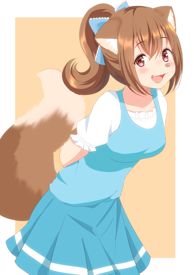 1girl, animal_ears, animal_nose, blue_bow, blue_skirt, blush, bow, breasts