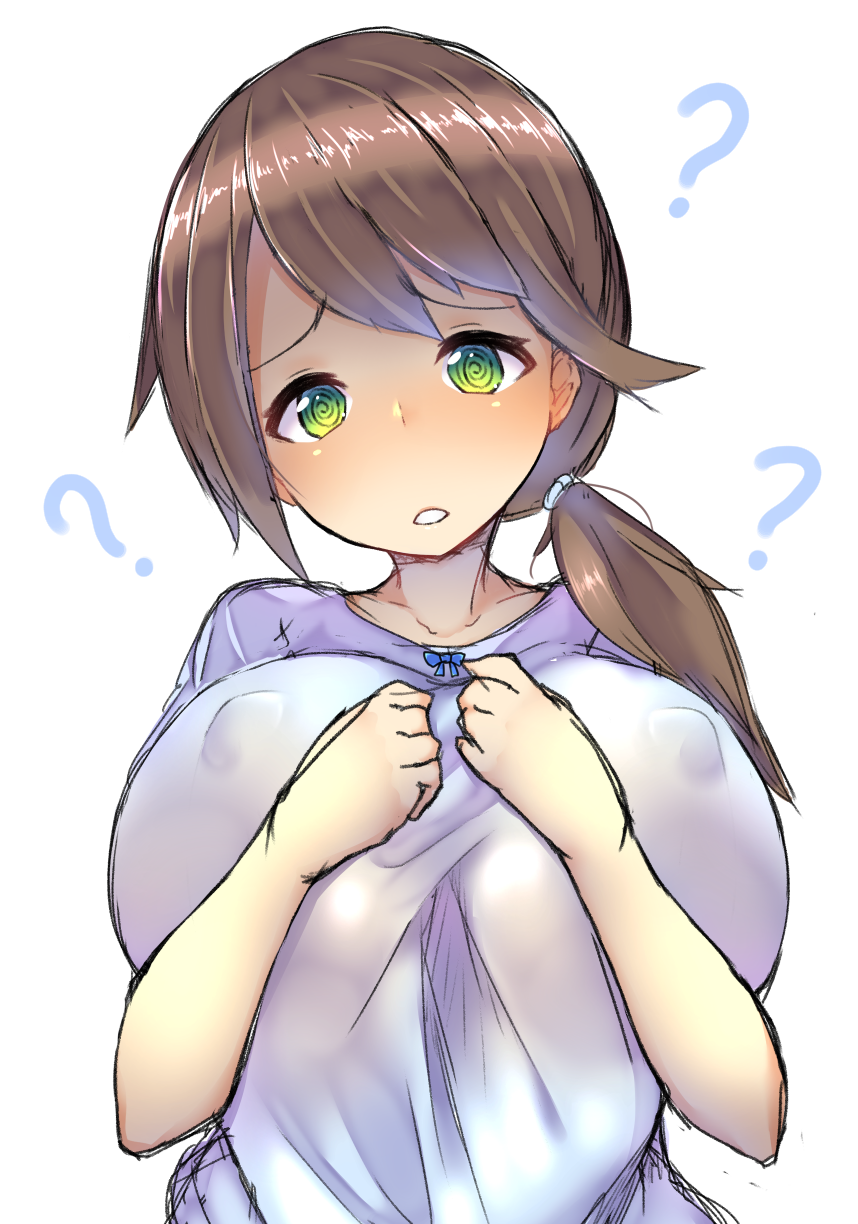 1girl, ?, @_@, bangs, breast_hold, breasts, brown_hair, collarbone
