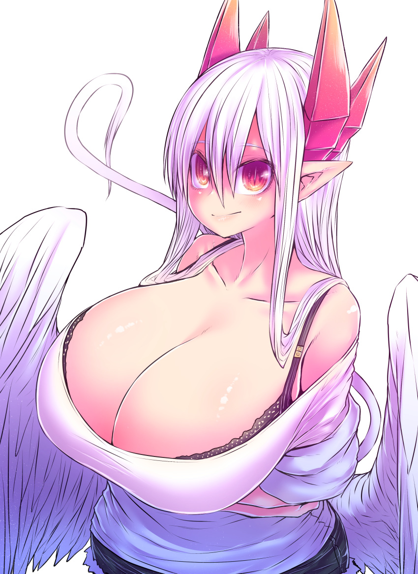 1girl, absurdres, arms_under_breasts, breasts, demon_girl, feathered_wings, highres, horns