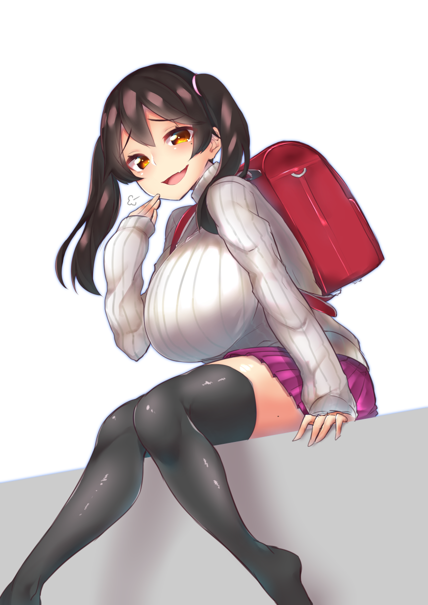 1girl, backpack, bag, bangs, black_hair, black_legwear, blush, breasts