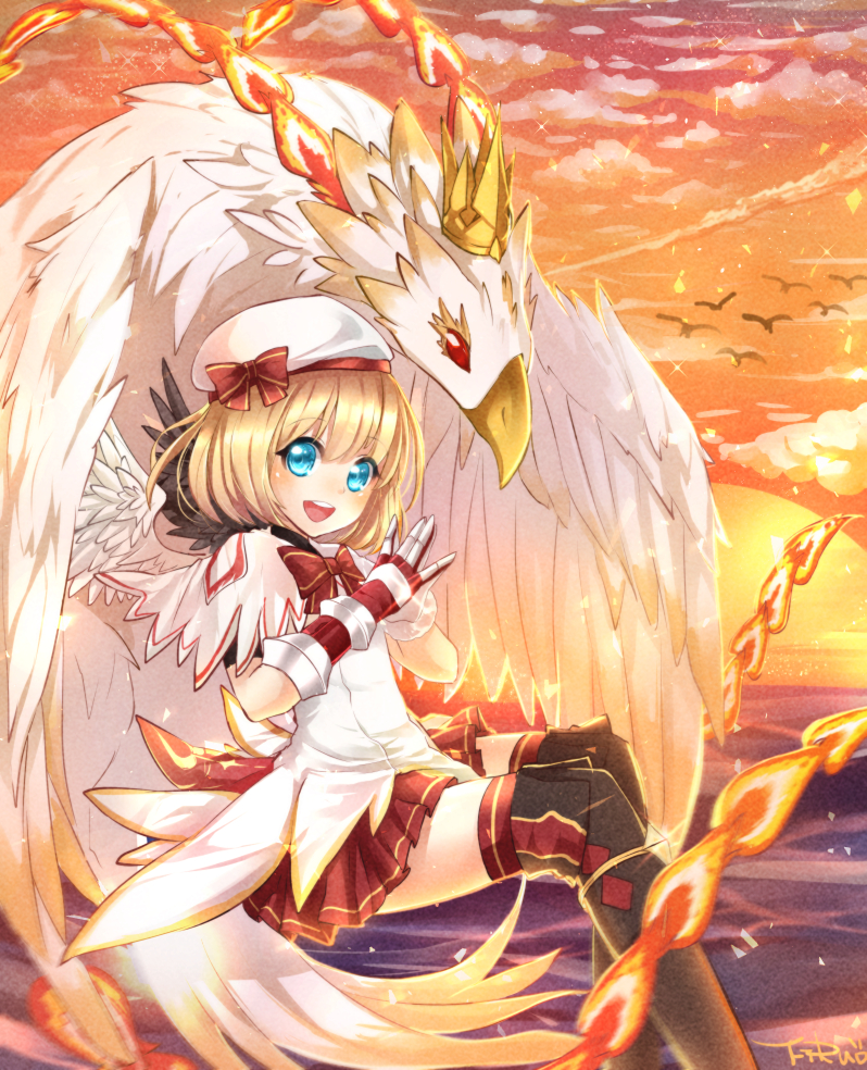 1girl, aqua_eyes, artist_name, bird, black_legwear, black_wings, blonde_hair, clouds