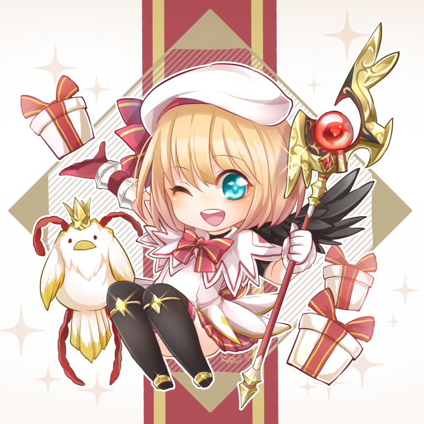 1girl, aqua_eyes, artist_name, bird, black_legwear, black_wings, blonde_hair, eyebrows_visible_through_hair