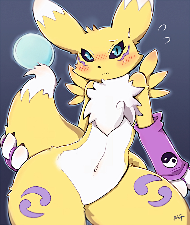 1girl, animal_ears, black_sclera, blue_eyes, blush, commentary_request, detached_sleeves, digimon, furry, holding_tail, looking_at_viewer, moriguru77, navel, outline, renamon, simple_background, slit_pupils, solo, sweat, tail, two-tone_fur, white_fur, yellow_fur, yin_yang_print