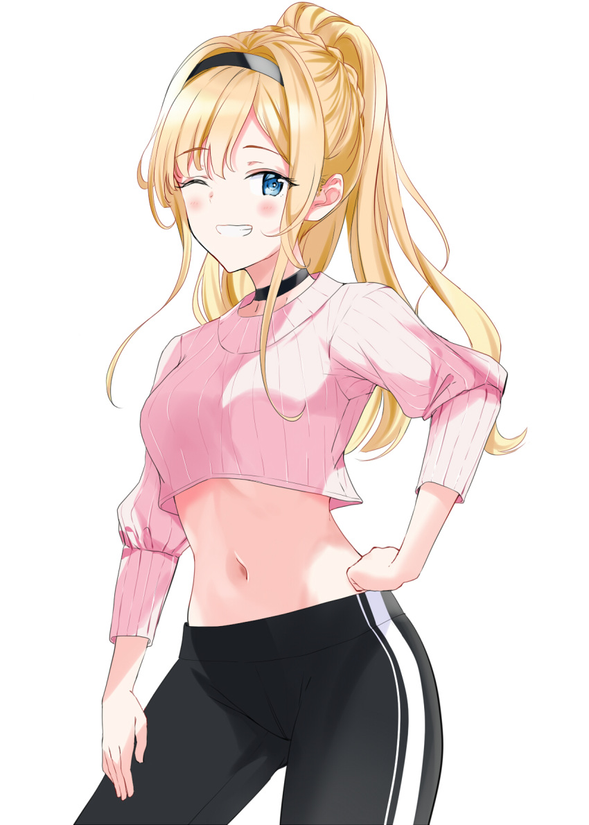 1girl, ;d, arrichee, black_choker, black_pants, blonde_hair, blue_eyes, breasts