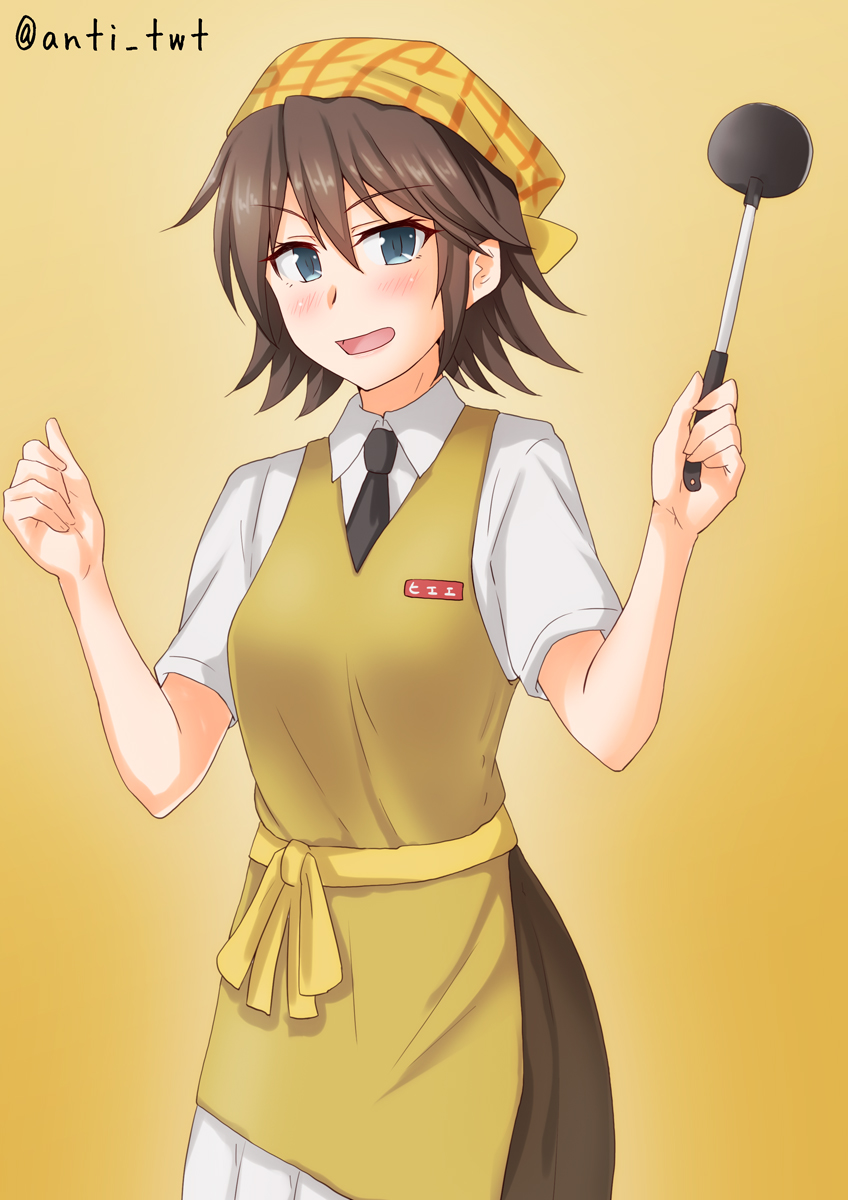 1girl, :d, anti_(untea9), apron, black_neckwear, blue_eyes, blush, brown_hair, brown_skirt, c2_kikan, collared_shirt, commentary_request, cosplay, eyebrows_visible_through_hair, gradient, gradient_background, hair_between_eyes, hiei_(kantai_collection), highres, kantai_collection, looking_at_viewer, necktie, open_mouth, re-ka-chan, re-ka-chan_(cosplay), shirt, short_hair, simple_background, skirt, smile, solo, twitter_username, white_shirt, yellow_apron, yellow_background