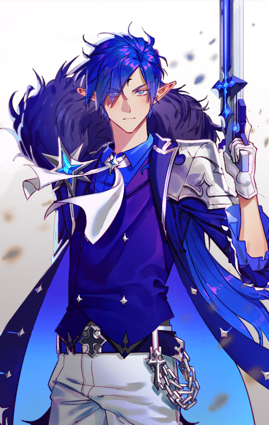 1boy, belt, belt_buckle, blue_eyes, blue_hair, blue_shirt, buckle, chain, chevalier_(elsword), ciel_(elsword), elsword, facial_mark, forehead_mark, fur_scarf, gloves, gun, highres, holding, holding_gun, holding_weapon, looking_at_viewer, male_focus, pants, pointy_ears, shirt, simple_background, solo, standing, weapon, white_background, white_gloves, white_neckwear, white_pants, yuushi