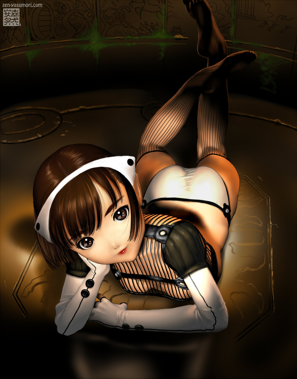 brown_eyes, brown_hair, feet, fingerless_gloves, gloves, hairband, highres, lips
