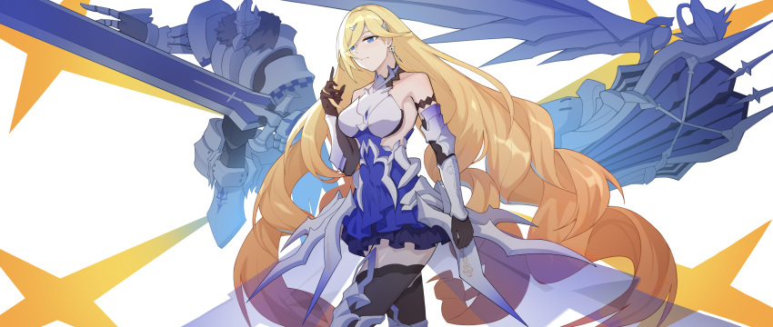 1girl, absurdres, bare_shoulders, blonde_hair, blue_eyes, breasts, dress, durandal_(honkai_impact)