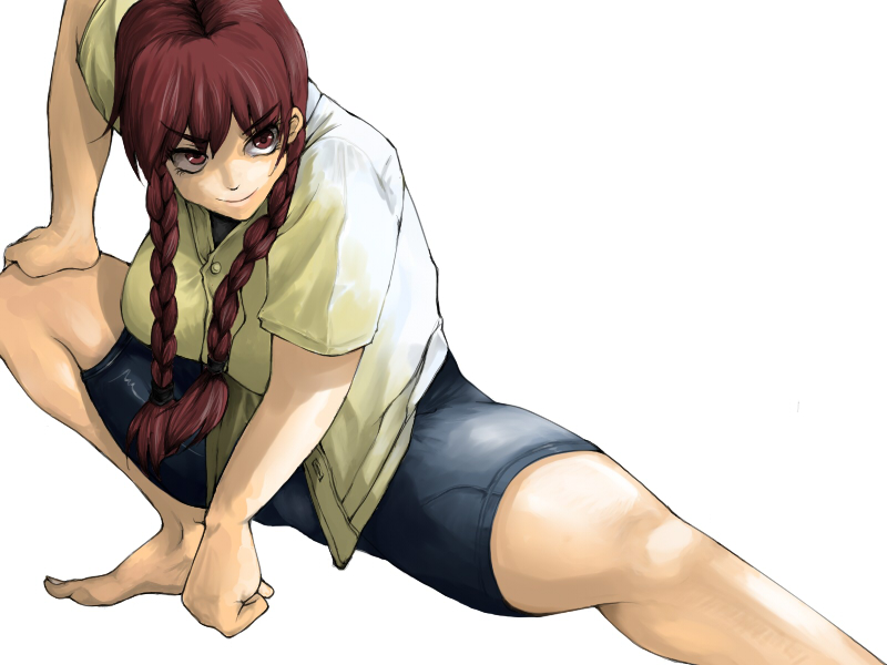 1girl, barefoot, bike_shorts, black_shorts, braid, breasts, brown_eyes, brown_hair