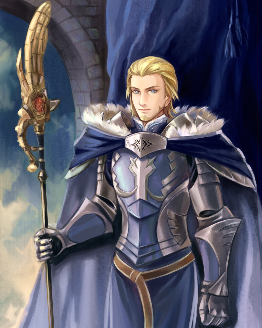 1boy, absurdres, areadbhar_(fire_emblem), armor, beard, belt, blonde_hair, blue_eyes, cape, curtains, facial_hair, fire_emblem, fire_emblem:_three_houses, fur_trim, gloves, highres, huge_filesize, lambert_egitte_blaiddyd, polearm, sky, solo, spear, weapon