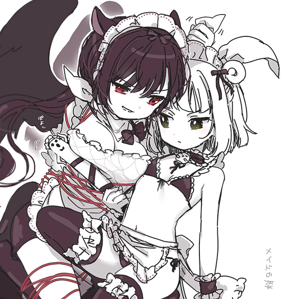 2girls, alternate_costume, animal_ears, apron, bare_arms, bare_shoulders, bikini, biyon
