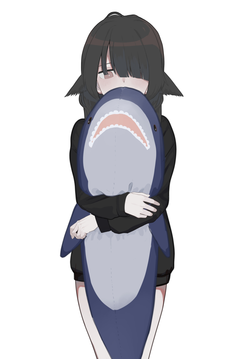 1girl, black_hair, brown_eyes, hair_over_one_eye, highres, hug, long_hair, looking_at_viewer, oissu_tiwassu, original, shark, simple_background, solo, stuffed_animal, stuffed_toy, white_background