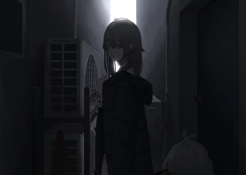 1girl, alley, bangs, black_hair, blood, brown_eyes, hair_over_one_eye, jacket
