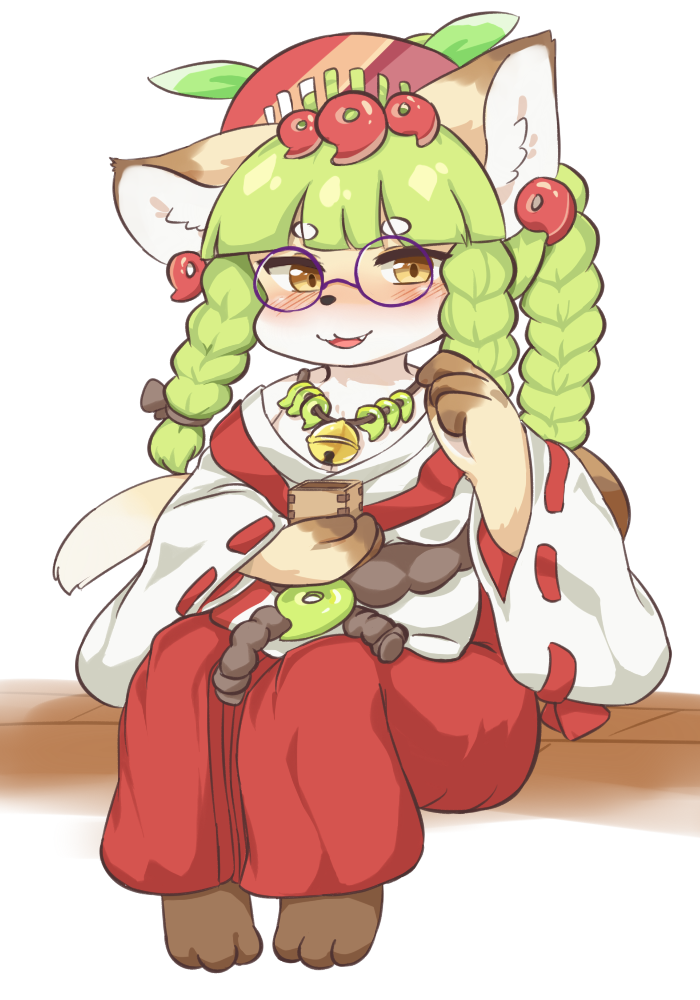1girl, animal_ears, bell, blush, cat, cat_ears, cat_girl, cat_tail, commentary_request, eigetsu, fang, fullbokko_heroes, green_hair, hakama, japanese_clothes, kushinada_(fullbokko_heroes), long_hair, looking_to_the_side, open_mouth, red_hakama, simple_background, sitting, solo, tail, white_background, yellow_eyes