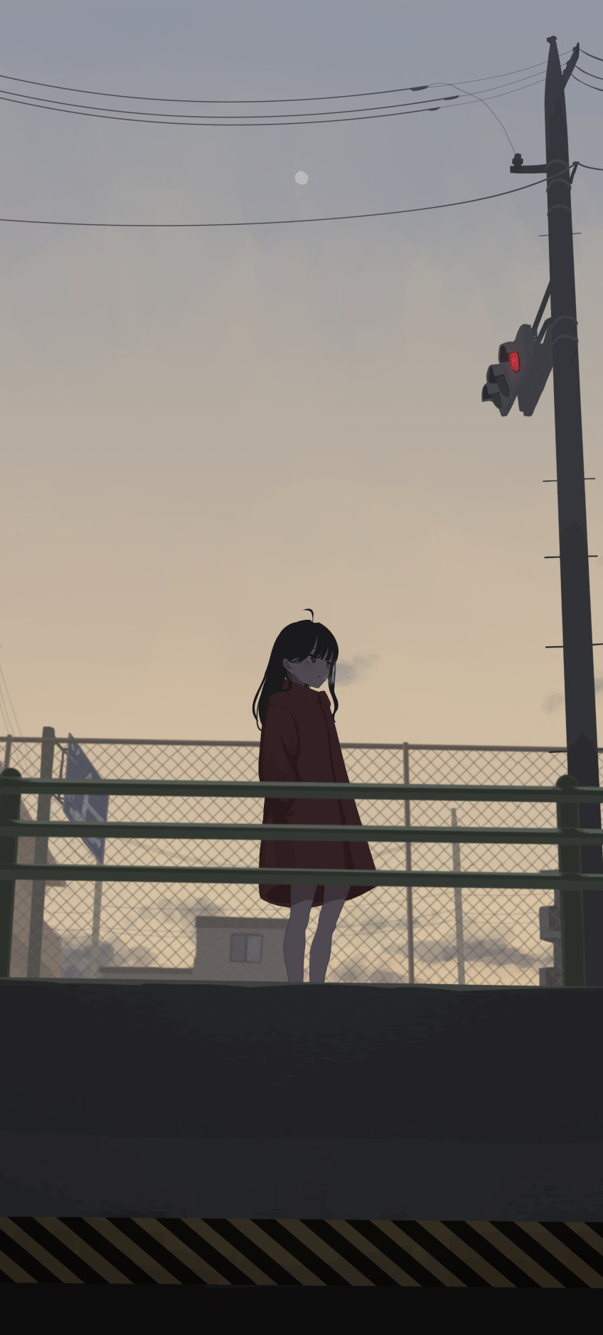 1girl, ahoge, bangs, black_hair, clouds, coat, fence, full_moon