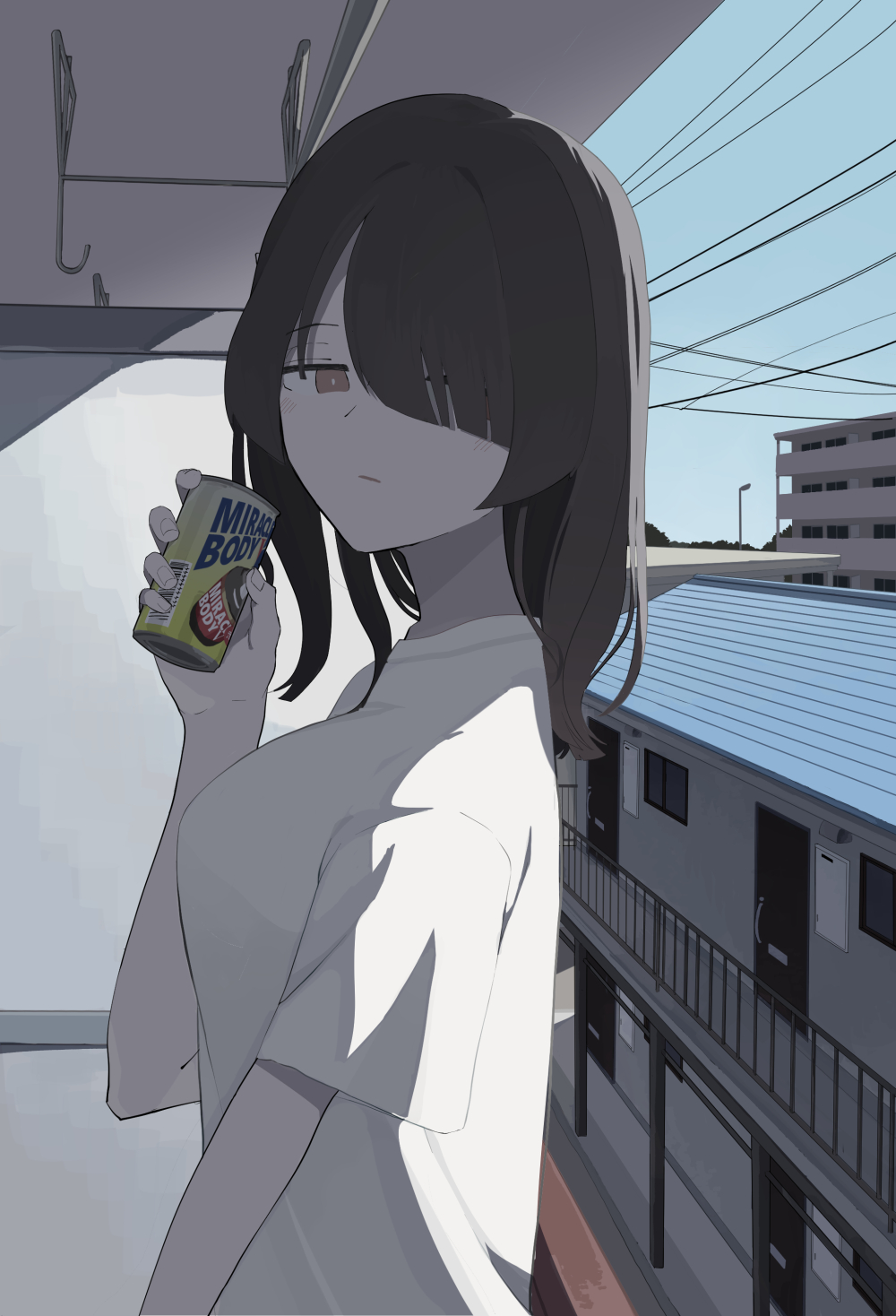 1girl, black_hair, breasts, brown_eyes, can, expressionless, highres, long_hair