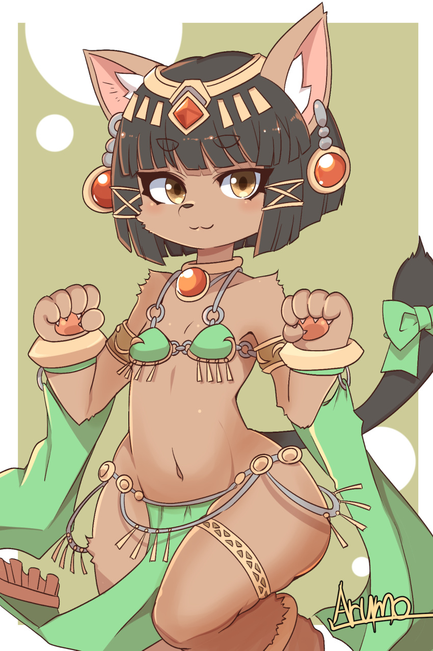1girl, :3, animal_ear_fluff, animal_ears, artist_name, bastet_(fullbokko_heroes), bikini_top, black_hair, blush, bow, brown_eyes, brown_fur, cat, cat_ears, cat_girl, cat_tail, commentary, cowboy_shot, earrings, fullbokko_heroes, furry, highres, jewelry, leg_up, looking_to_the_side, midriff, navel, paw_pose, pawpads, pelvic_curtain, ryuusui_arumo, short_hair, simple_background, snout, tail, tail_bow