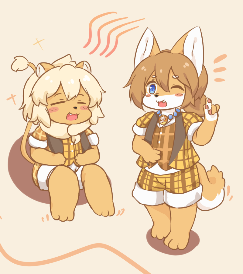 2girls, animal_ears, blue_eyes, blush_stickers, closed_eyes, commentary_request, copyright_request, dog, dog_ears, dog_tail, eigetsu, fang, furry, jewelry, lion, lion_girl, lion_tail, looking_at_viewer, multiple_girls, necklace, one_eye_closed, open_mouth, pawpads, shiba_inu, simple_background, sitting, snout, standing, tail, yellow_background