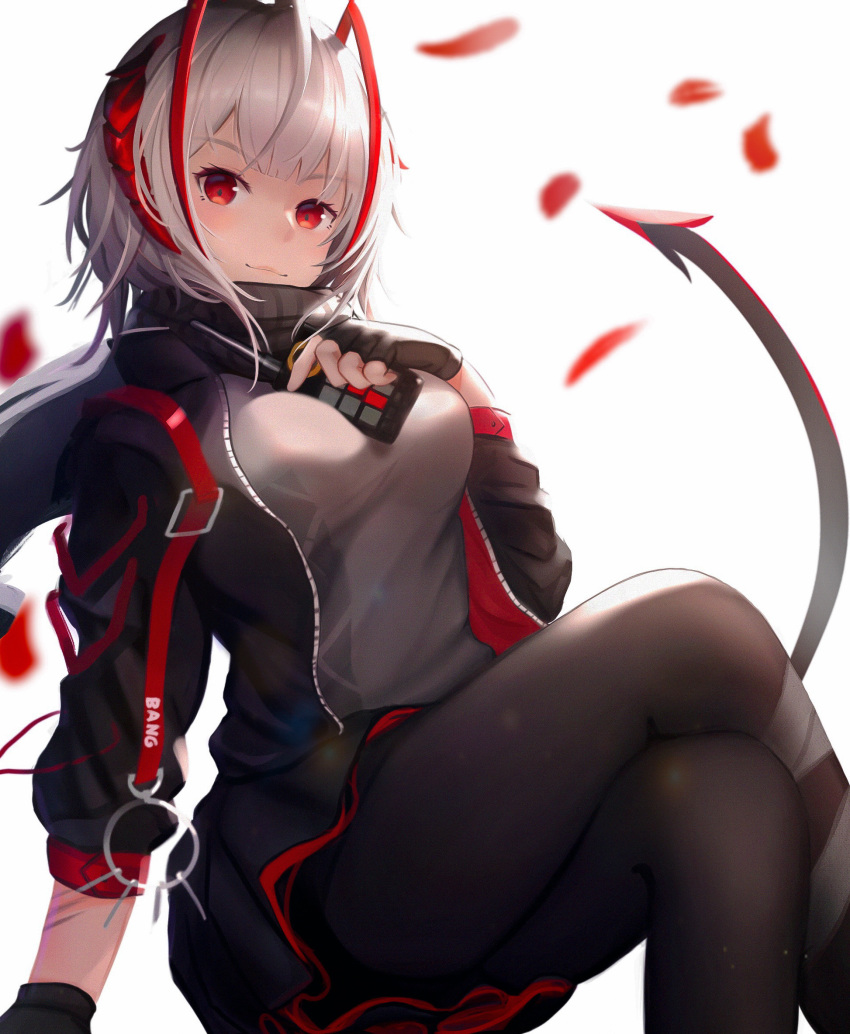 1girl, arknights, bangs, black_gloves, black_jacket, black_legwear, black_scarf, black_skirt