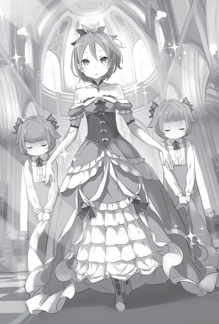 3girls, bow, bowtie, breasts, character_request, closed_eyes, collarbone, corset, dress, dress_shirt, elbow_gloves, felt_(re:zero), gloves, greyscale, hair_between_eyes, hair_bow, highres, indoors, layered_dress, long_dress, long_sleeves, looking_at_viewer, monochrome, multiple_girls, novel_illustration, off-shoulder_dress, off_shoulder, official_art, ootsuka_shin'ichirou, parted_lips, re:zero_kara_hajimeru_isekai_seikatsu, shiny, shiny_hair, shirt, short_hair, sleeveless, sleeveless_dress, small_breasts, sparkle, sunlight, walking