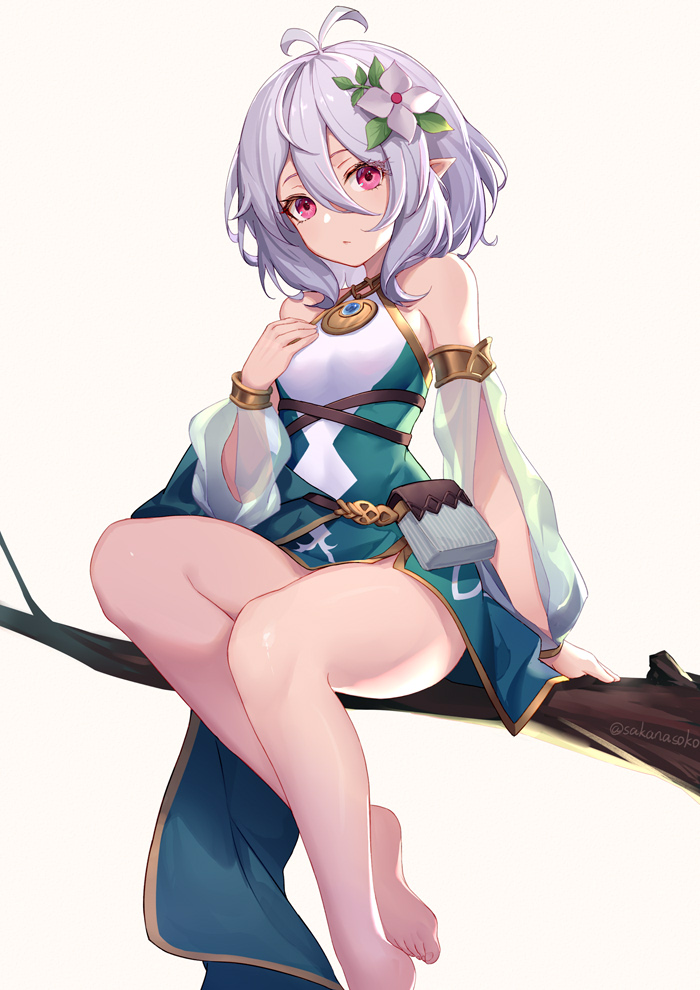 1girl, antenna_hair, bare_shoulders, barefoot, beige_background, detached_sleeves, flower, hair_between_eyes