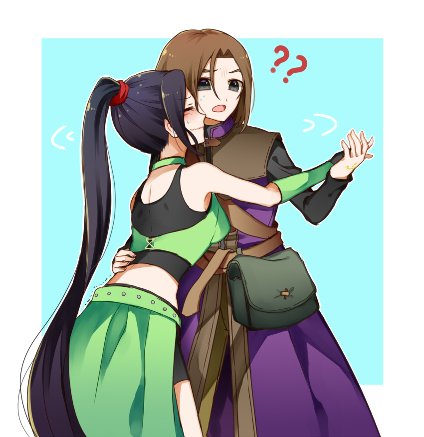 1boy, 1girl, :o, ??, beifunan, black_eyes, blue_background, blush, border, brown_hair, closed_eyes, dancing, dragon_quest, dragon_quest_xi, embarrassed, fingerless_gloves, gloves, hand_on_another's_back, hero_(dq11), highres, long_hair, martina_(dq11), midriff, pouch, purple_hair, sweatdrop, very_long_hair, waist_cape, wavy_mouth, white_border