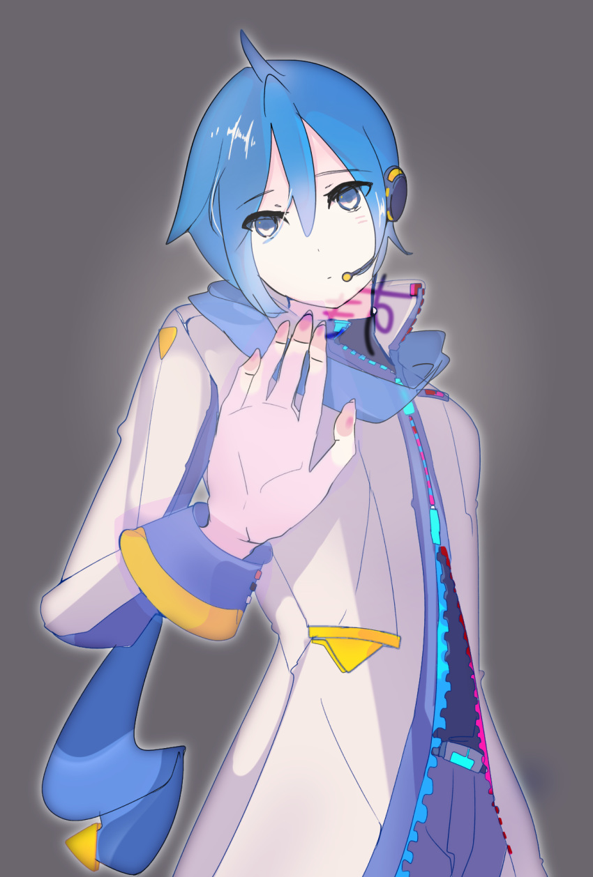 1boy, against_fourth_wall, blue_eyes, blue_hair, blue_pants, blue_scarf, blue_shirt, coat