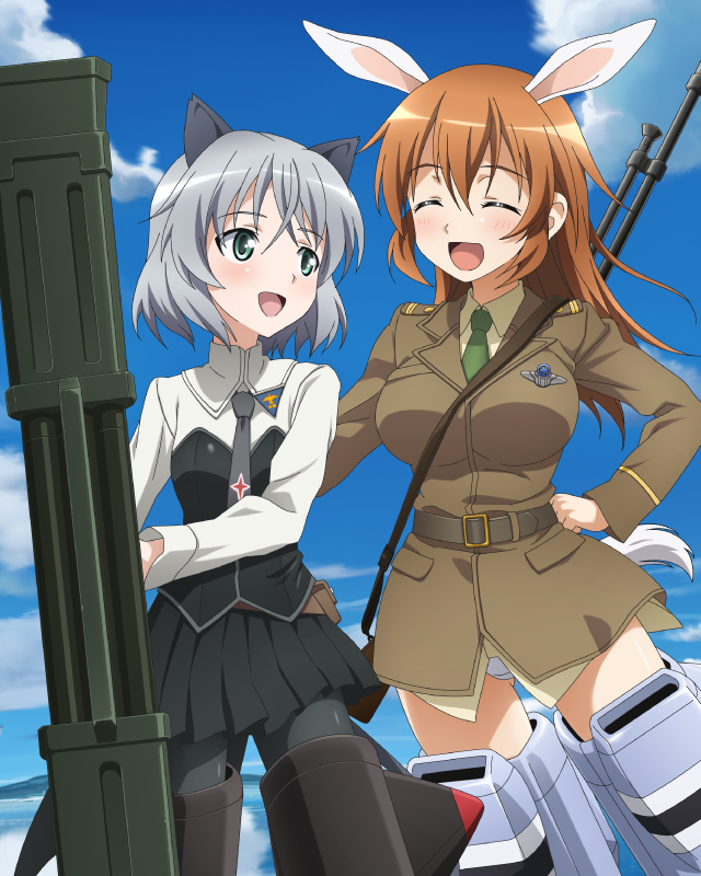 2girls, animal_ears, black_legwear, blush, breasts, brown_hair, cat_ears, charlotte_e_yeager