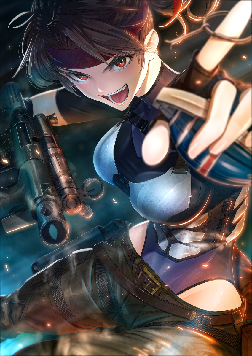 1girl, belt, blue_leotard, boobplate, breastplate, breasts, brown_hair, dual_wielding