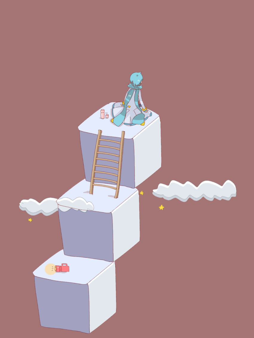 1boy, blue_hair, blue_scarf, clouds, coat, commentary, cube, flashlight