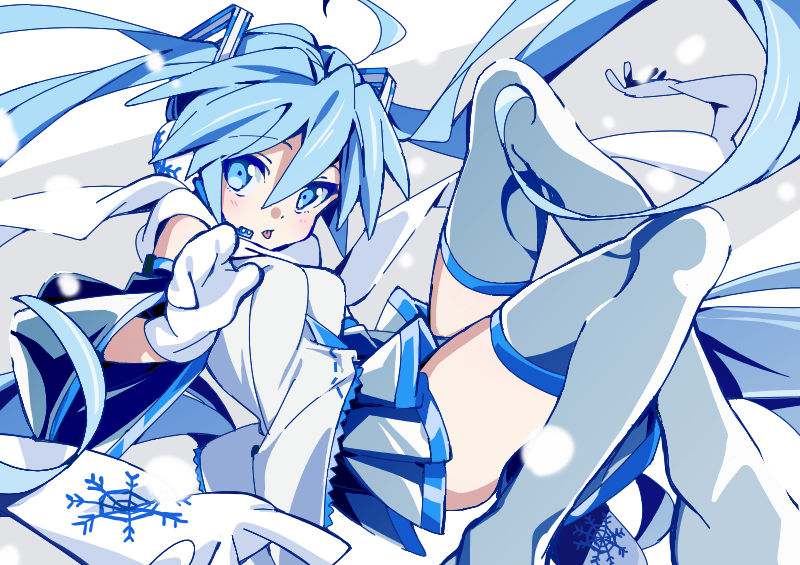 1girl, ahoge, bare_shoulders, blue_neckwear, commentary, detached_sleeves, earmuffs, grey_legwear