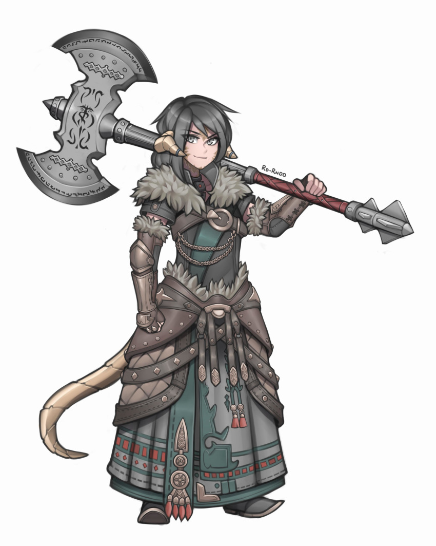 1girl, absurdres, artist_name, au_ra, axe, battle_axe, belt, black_hair