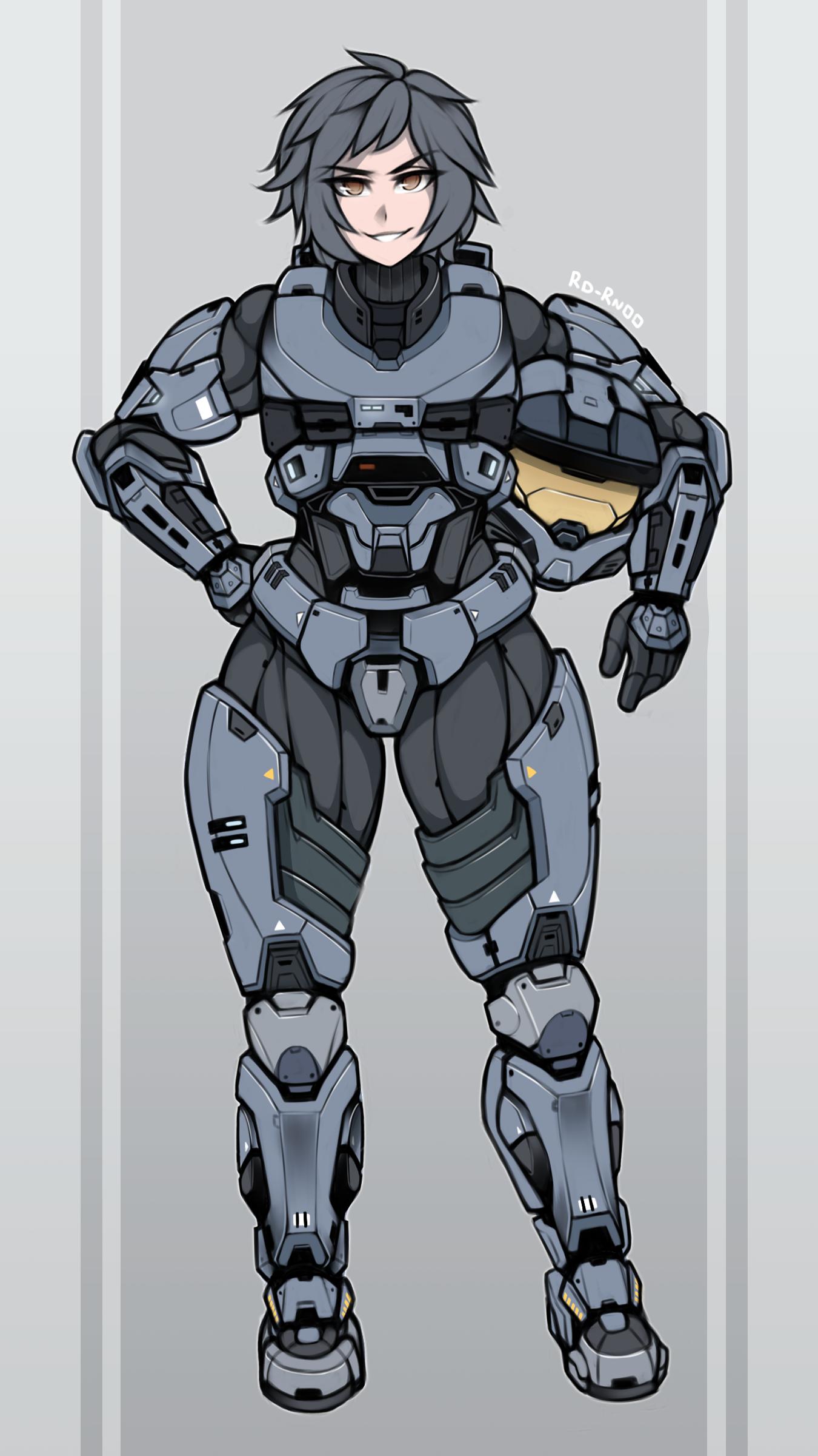 1girl, absurdres, armor, brown_eyes, commission, full_armor, full_body, grey_hair, halo_(game), headwear_removed, helmet, helmet_removed, highres, holding, holding_helmet, looking_at_viewer, power_armor, rd_rn00, science_fiction, simple_background, smile, solo, spartan_(halo), standing, tagme